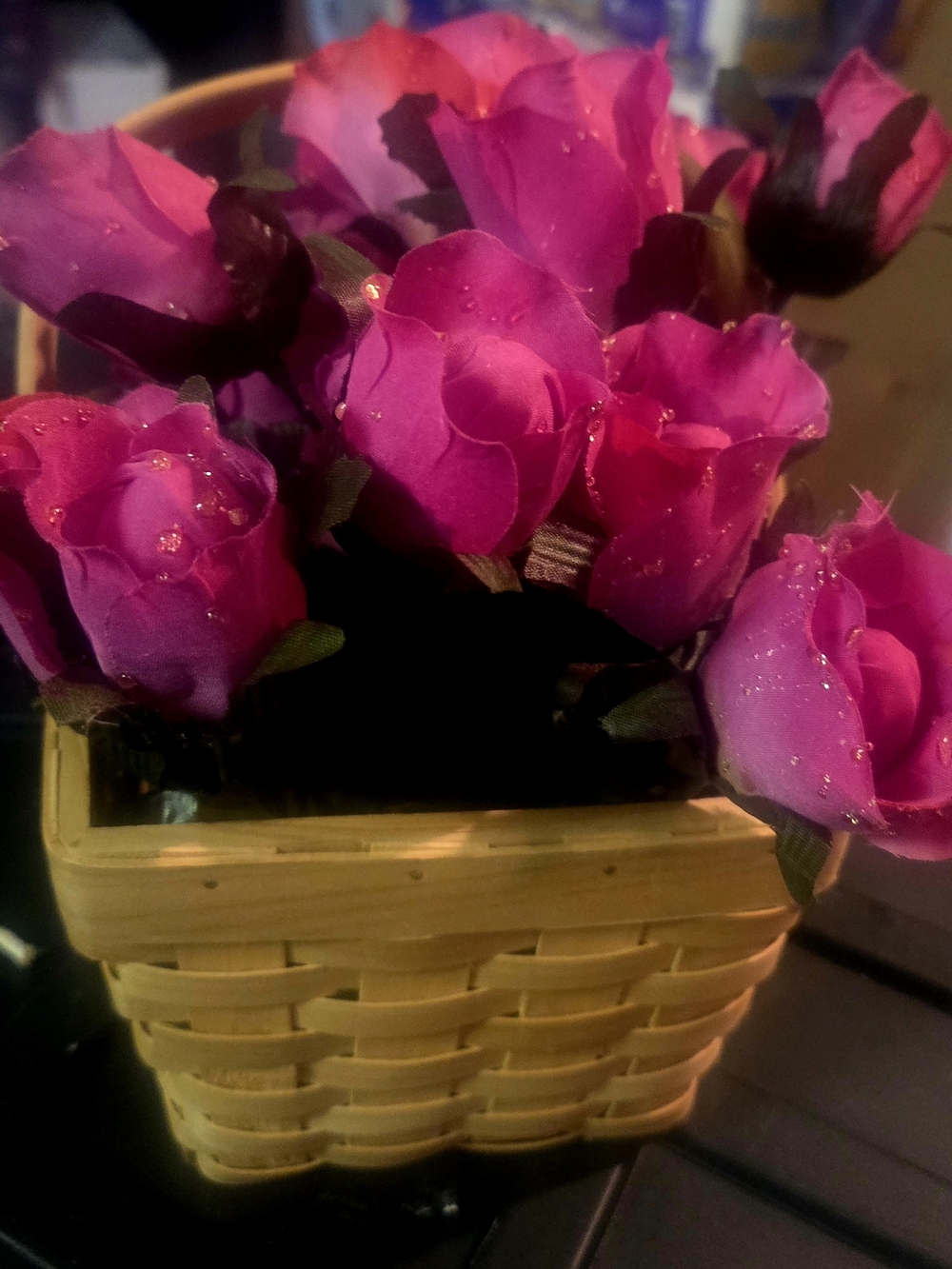 Decorative Fuchsia Artificial Rose Arrangement in Woven Basket
